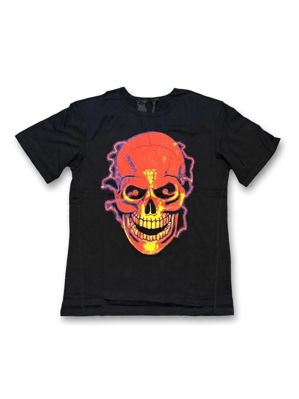 VLONE Black Tee with Neon Orange & Yellow Skull Graphic